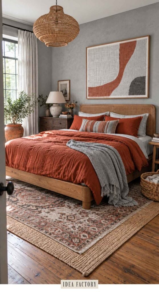 A bedroom with a wooden bed, burnt orange bedding, a grey throw blanket, and abstract wall art.