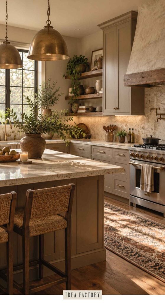 An earthy kitchen featuring an island, stone countertops, gray cabinets, open shelving, and a professional-style range with a vent hood.