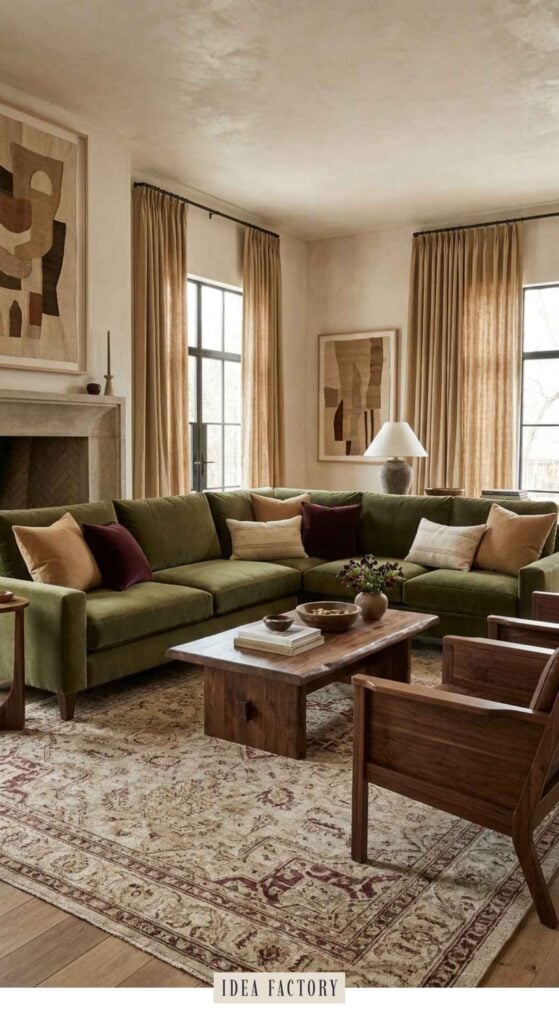 A living room with a large olive green sectional sofa, two wooden armchairs, a wooden coffee table, and a patterned area rug.
