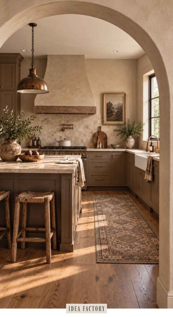 A view through an arched doorway into a rustic kitchen with dark wood cabinets, a stone backsplash, a kitchen island with wooden stools, and a long patterned runner rug on the hardwood floor.