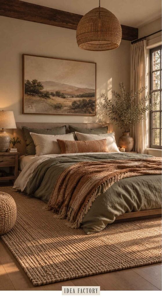 A bedroom featuring a bed with olive green bedding, a textured copper throw blanket, and a landscape painting on the wall above the headboard.