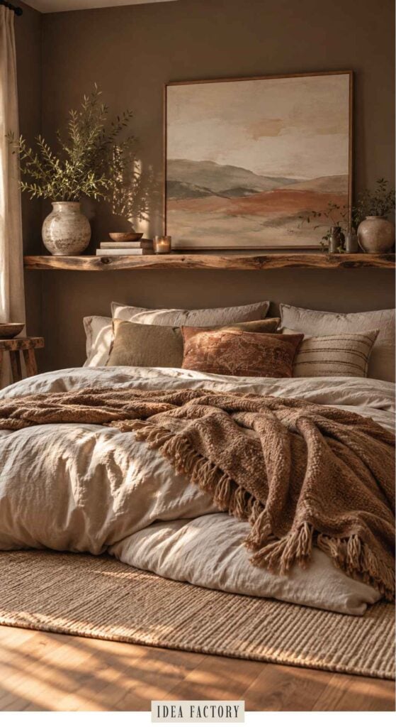 A cozy bed with neutral linens and a textured throw blanket, situated beneath a wooden shelf displaying a landscape painting and vases.