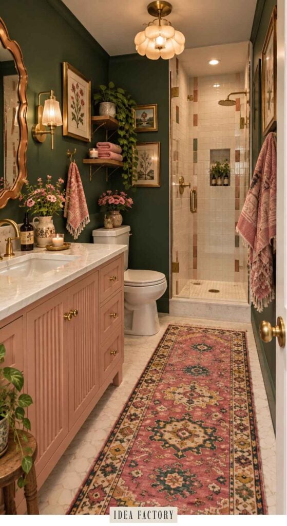 A bathroom with dark green walls, a pink fluted vanity, a walk-in glass shower, and a pink patterned runner rug.
