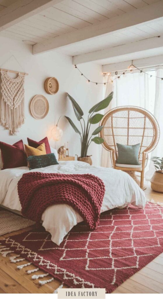 A bohemian-style bedroom with a bed topped with a chunky red knit throw, a large wicker peacock chair, a macrame wall hanging, and a red patterned area rug.