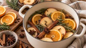 A pot of stovetop potpourri with floating orange slices, apple slices, cinnamon sticks, star anise, cloves, and sprigs of rosemary.