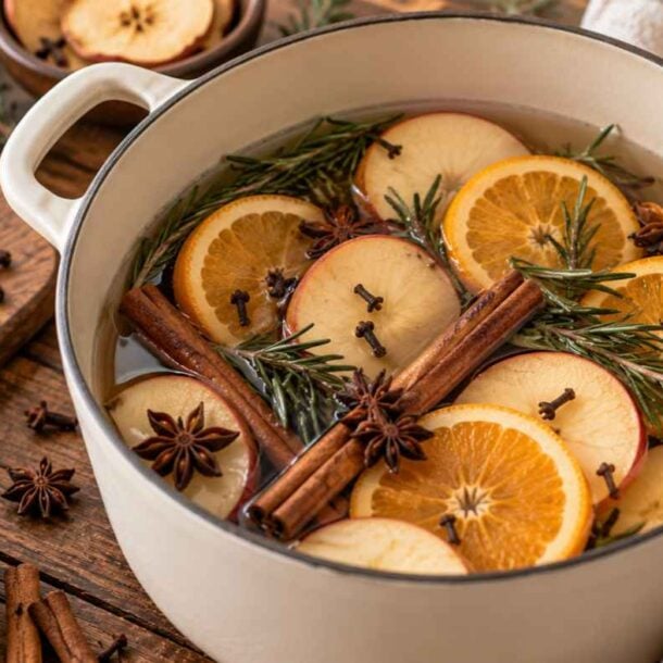 A pot of stovetop potpourri with floating orange slices, apple slices, cinnamon sticks, star anise, cloves, and sprigs of rosemary.