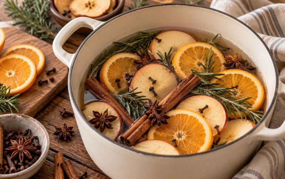 A pot of stovetop potpourri with floating orange slices, apple slices, cinnamon sticks, star anise, cloves, and sprigs of rosemary.