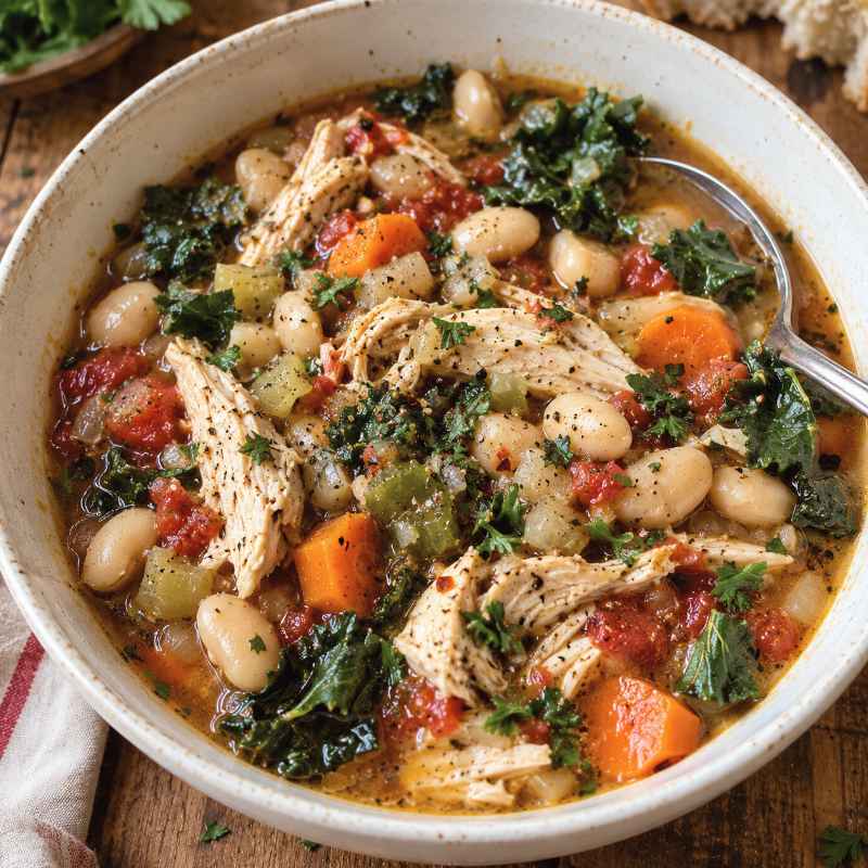 A bowl of chicken, white bean, and kale soup with diced tomatoes and carrots, perfect for healthy crockpot recipes.