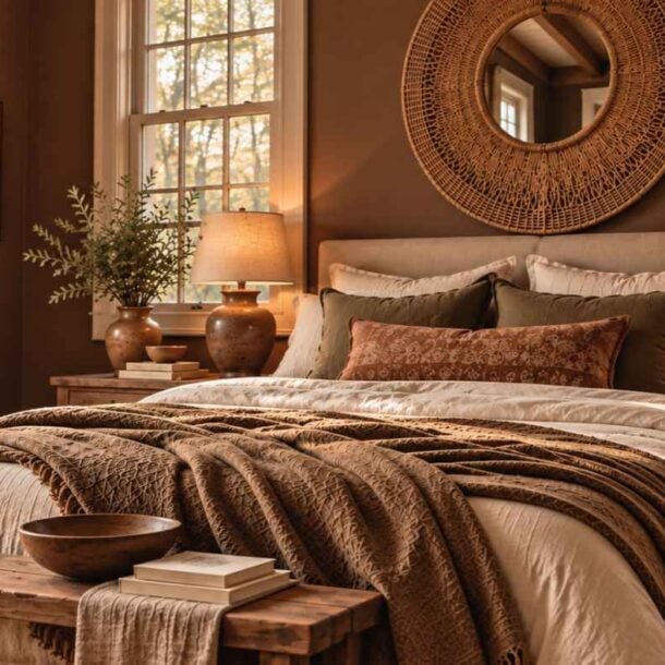 A made bed with neutral bedding and a textured brown throw blanket, positioned between two nightstands with lamps and a round woven mirror hanging above the headboard.