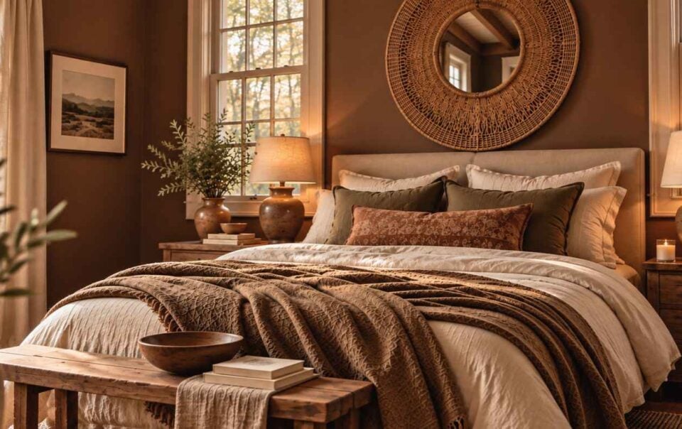 A made bed with neutral bedding and a textured brown throw blanket, positioned between two nightstands with lamps and a round woven mirror hanging above the headboard.