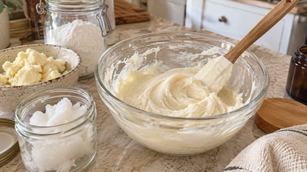 A spatula stirs a creamy white natural deodorant cream in a glass bowl, surrounded by jars of ingredients on a countertop.