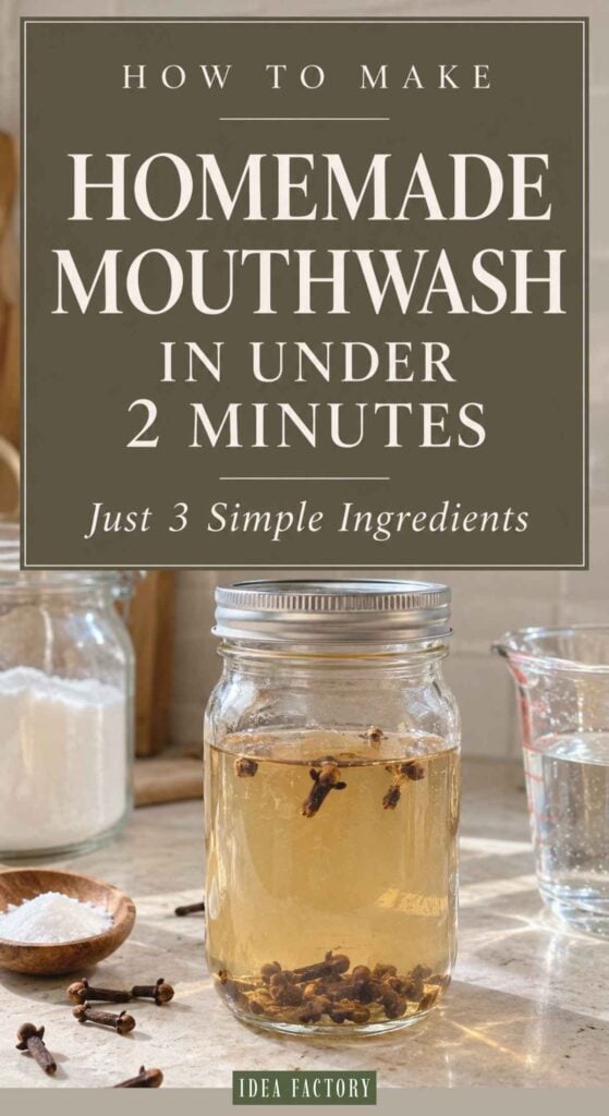 A glass jar filled with liquid and whole cloves for DIY mouthwash, with text overlay reading How to make homemade mouthwash in under 2 minutes: just 3 simple ingredients.