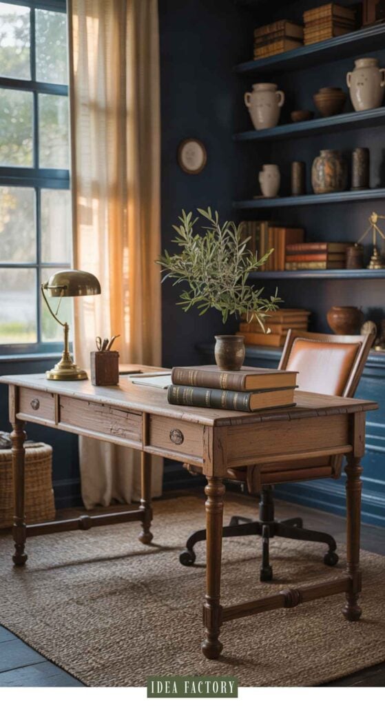 A small moody office with a wooden desk holding a potted plant, a stack of books, and a brass lamp, set against a dark blue bookshelf and a window.
