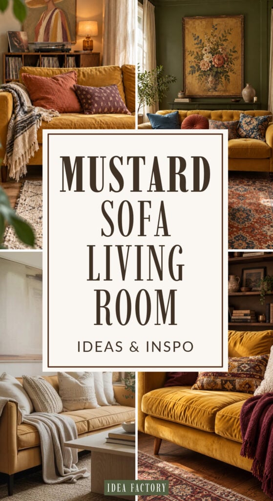 Collage of living room interiors featuring mustard sofas with various pillows and throws, with text centered that reads Mustard Sofa Living Room Ideas & Inspo.