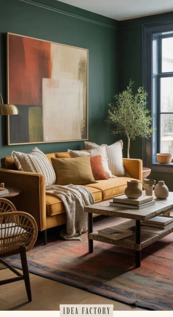 Mustard sofa in a living room with dark green walls, decorative pillows, a large abstract painting, and a wood coffee table.