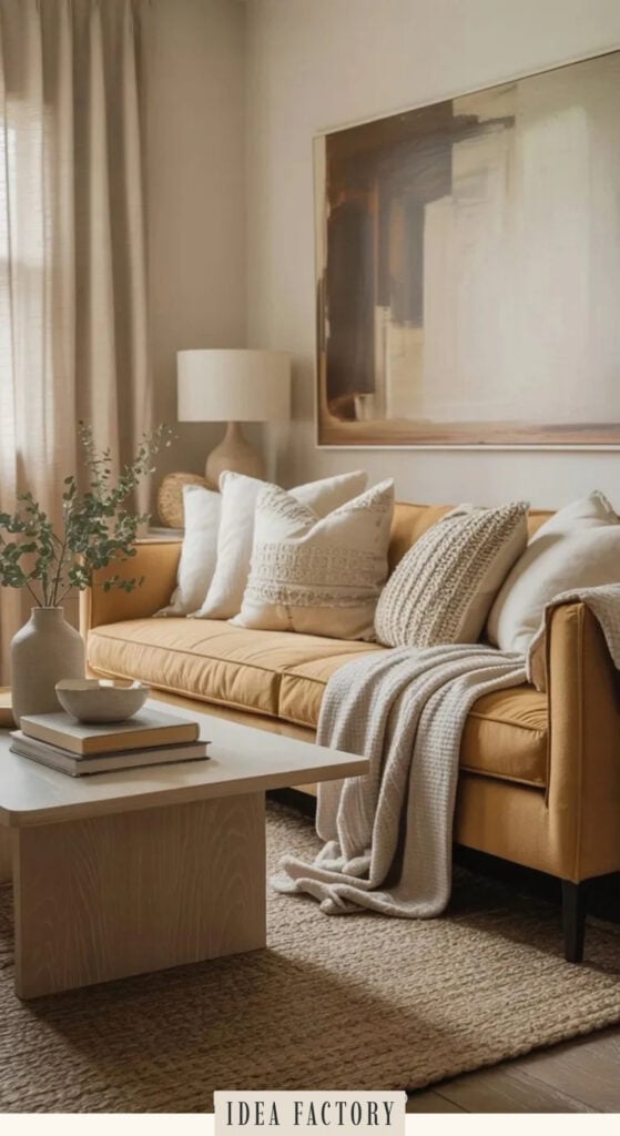 A mustard sofa in a living room, accented with neutral-toned throw pillows and a draped blanket, positioned in front of a framed abstract painting and next to a low coffee table.