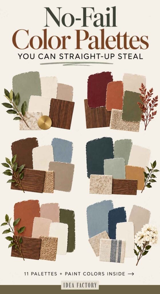 A grid of six curated color schemes, each featuring paint swatches, wood grain, stone, and textile samples, with the text No-Fail Color Palettes You Can Straight-Up Steal at the top.