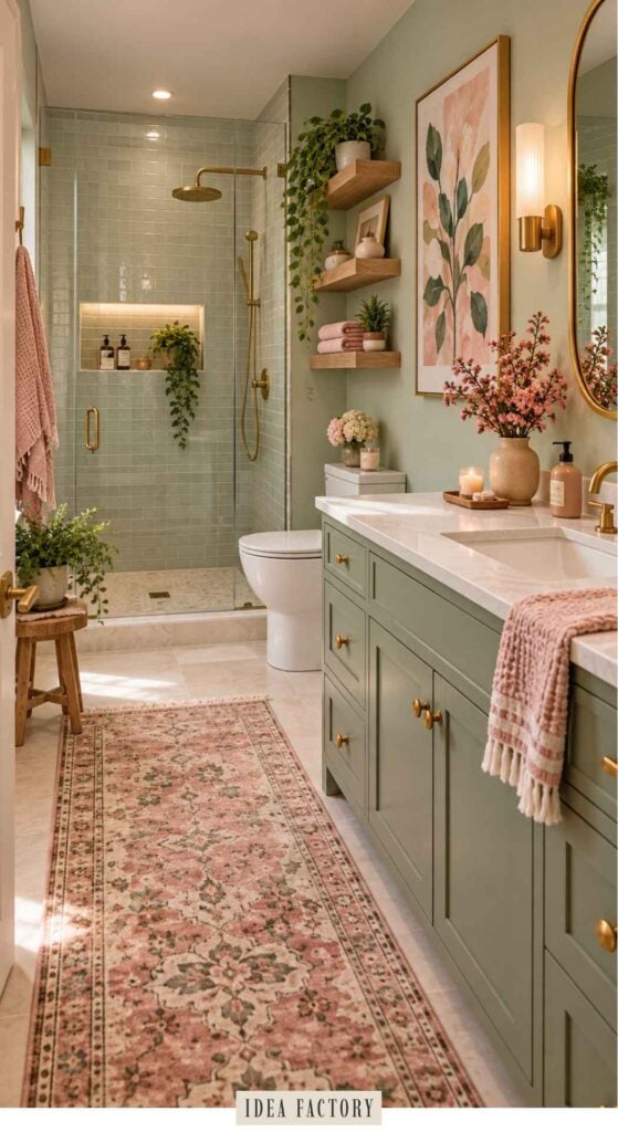 A green-themed bathroom featuring a vanity with gold hardware, a glass-enclosed shower with a rainfall head, and a pink floral patterned runner rug.