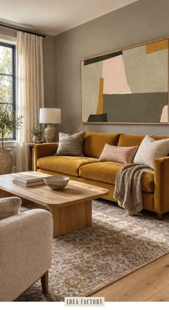 A mustard sofa in a living room paired with decorative pillows, a light wood coffee table, and an abstract painting.